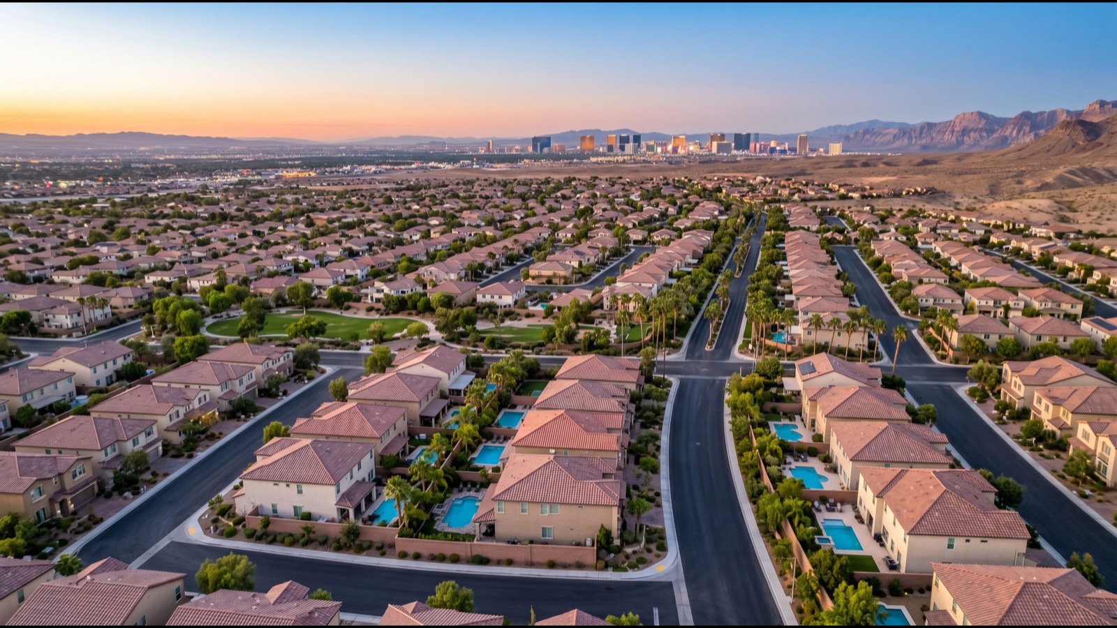 Aerial view of Allure Las Vegas in the Sahara Avenue corridor with the broader Las Vegas Strip and CityCenter visible to the south