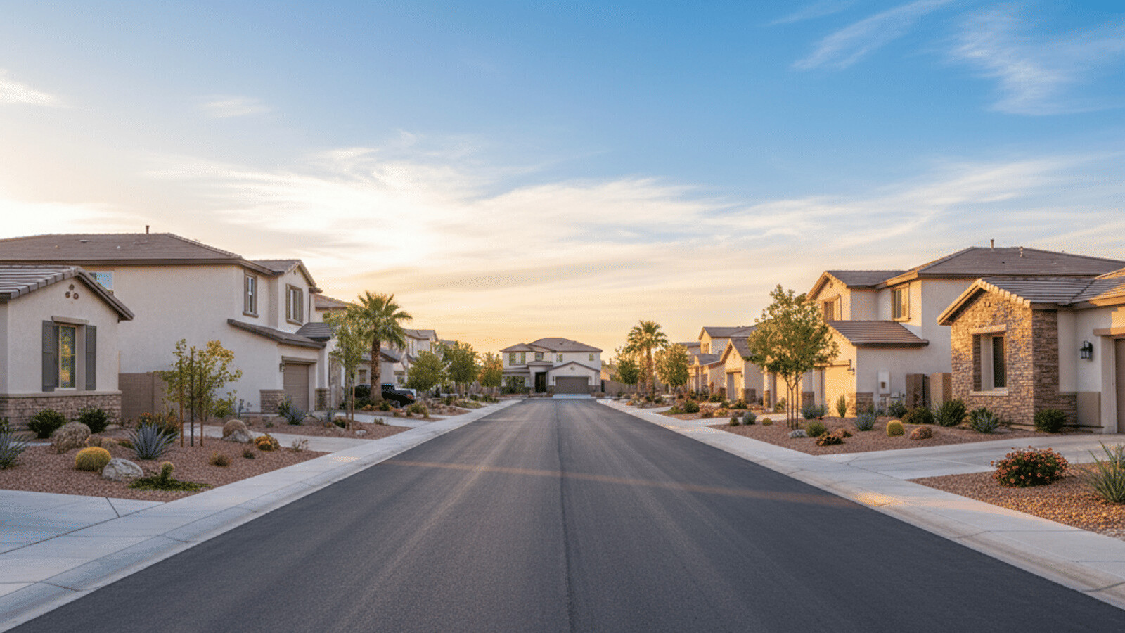 Aerial view of a Las Vegas residential neighborhood near a desert wash