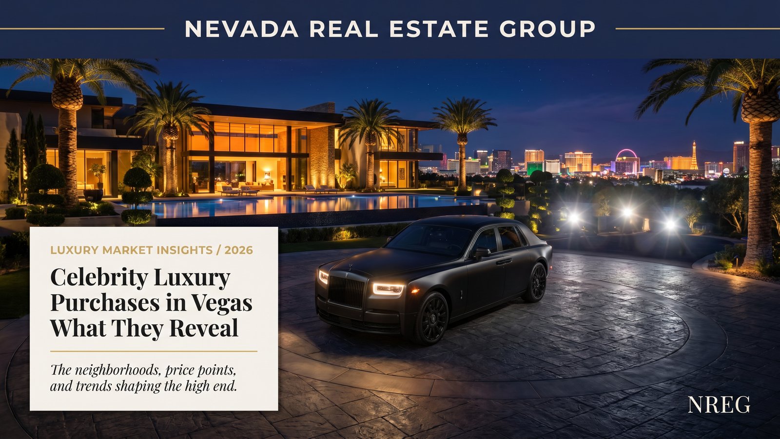 Las Vegas guard-gated trophy estate at twilight with valley views and infinity pool
