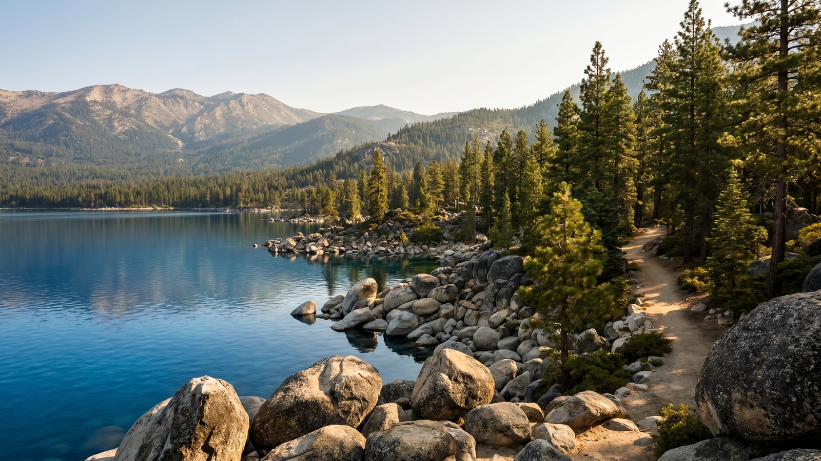 Crystal clear alpine water at Lake Tahoe with forested shoreline and Sierra Nevada mountains — northern Nevada real estate