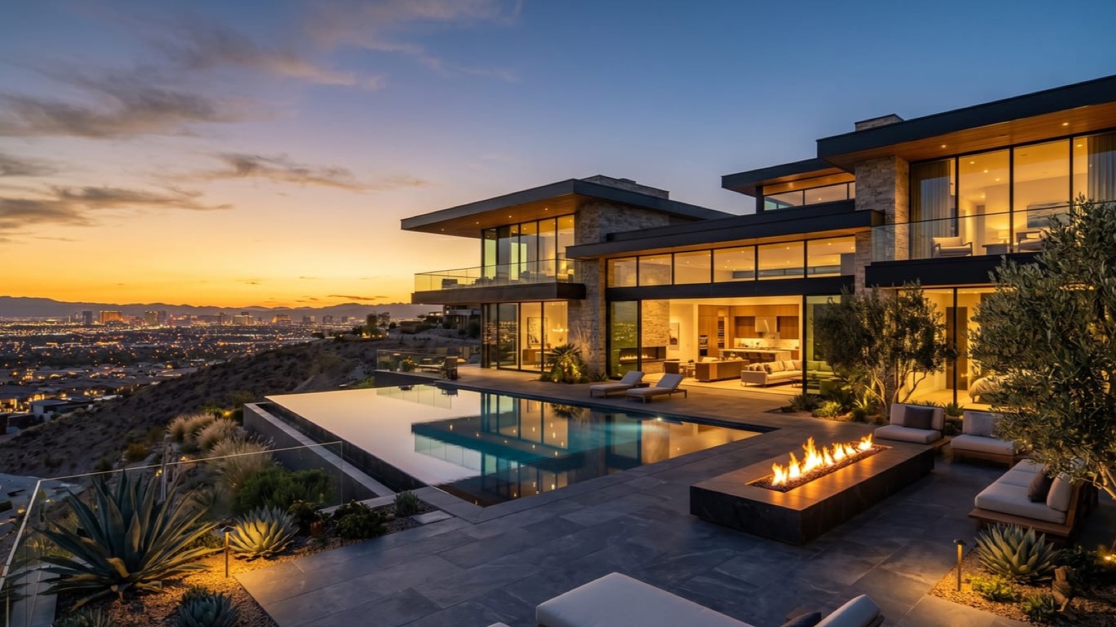Las Vegas luxury hillside estate at twilight with Strip view — financing a two million dollar purchase 2026